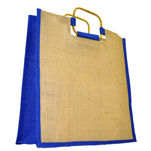 A jute shopping bag with blue trim.
