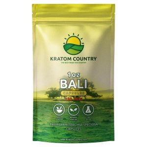 A sealed packet of Kratom Country Bali kratom capsules.